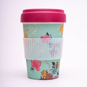 Flower Blossom 400ml Eco-Friendly Bamboo Mug with Silicone Grip | Reusable & Dishwasher Safe Coffee Cup | Mint Green & Turquoise Blue Pastel