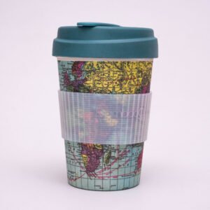 Around The World 400ml Eco-Friendly Bamboo Mug with Silicone Grip | Reusable Coffee & Tea Cup | Dark Slate Gray & Teal Blue